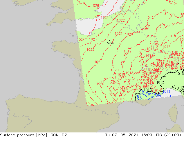 Surface pressure ICON-D2 Tu 07.05.2024 18 UTC