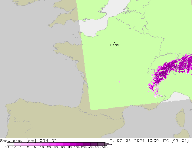 Snow accu. ICON-D2 Tu 07.05.2024 10 UTC