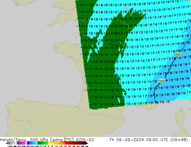 Height/Temp. 500 hPa ICON-D2 Th 09.05.2024 09 UTC