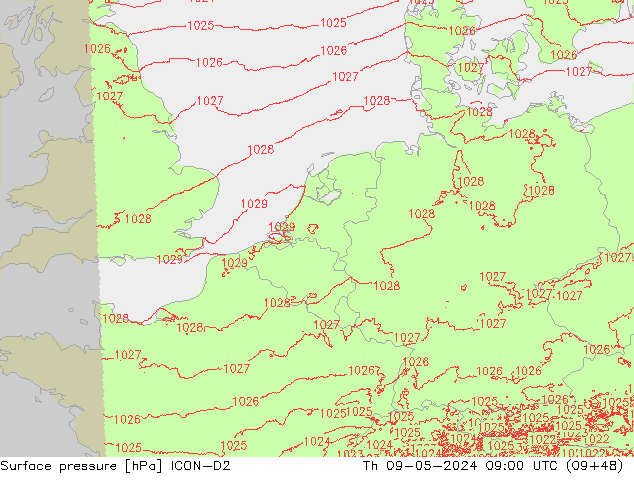 Surface pressure ICON-D2 Th 09.05.2024 09 UTC