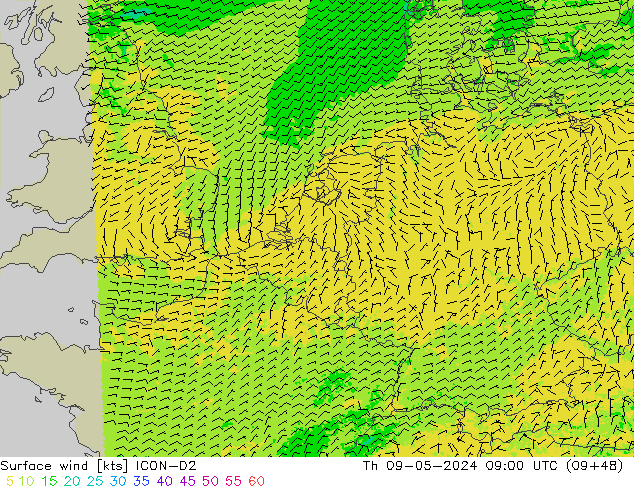 Rüzgar 10 m ICON-D2 Per 09.05.2024 09 UTC