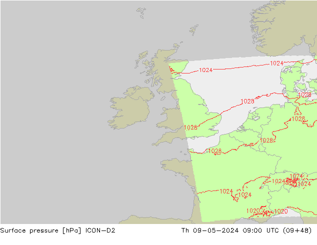 Surface pressure ICON-D2 Th 09.05.2024 09 UTC