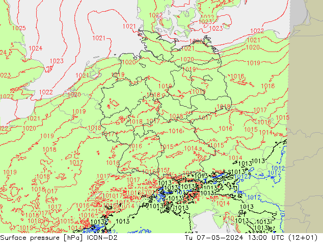 Presión superficial ICON-D2 mar 07.05.2024 13 UTC