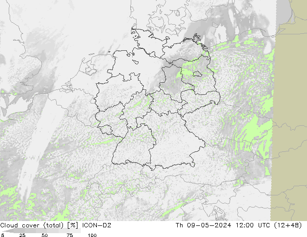 Nubes (total) ICON-D2 jue 09.05.2024 12 UTC