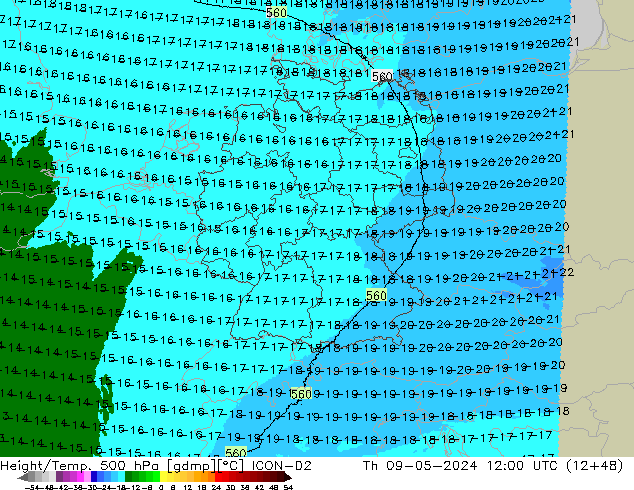 Height/Temp. 500 hPa ICON-D2 Čt 09.05.2024 12 UTC