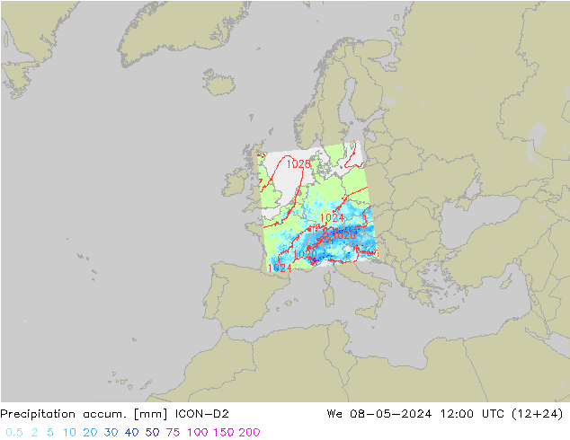 Precipitation accum. ICON-D2 We 08.05.2024 12 UTC