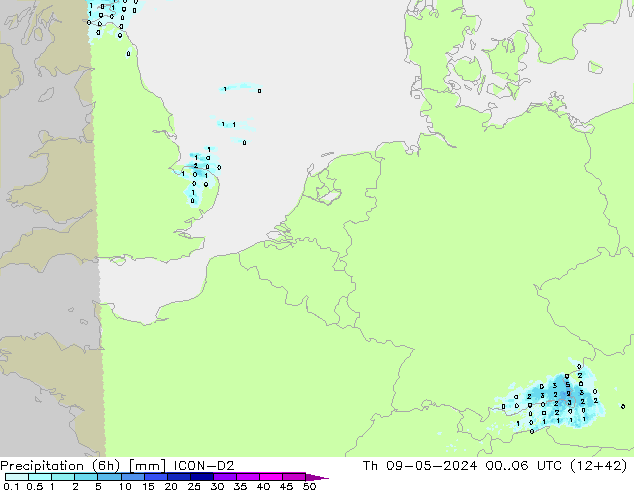 Totale neerslag (6h) ICON-D2 do 09.05.2024 06 UTC
