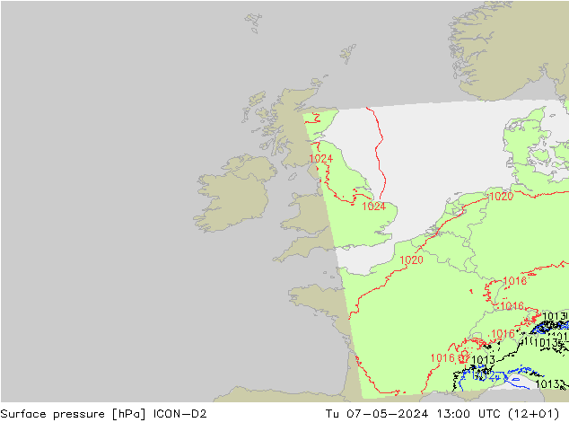 Surface pressure ICON-D2 Tu 07.05.2024 13 UTC