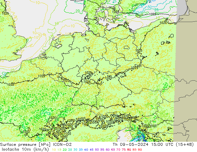 Isotachs (kph) ICON-D2 gio 09.05.2024 15 UTC