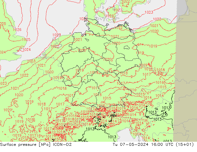 Atmosférický tlak ICON-D2 Út 07.05.2024 16 UTC
