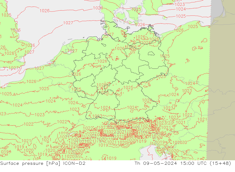 Surface pressure ICON-D2 Th 09.05.2024 15 UTC