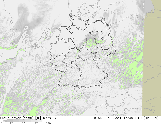 Cloud cover (total) ICON-D2 Čt 09.05.2024 15 UTC