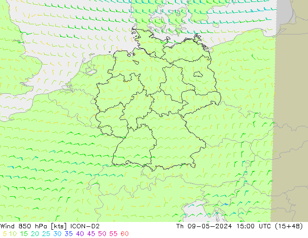 Wind 850 hPa ICON-D2 Čt 09.05.2024 15 UTC