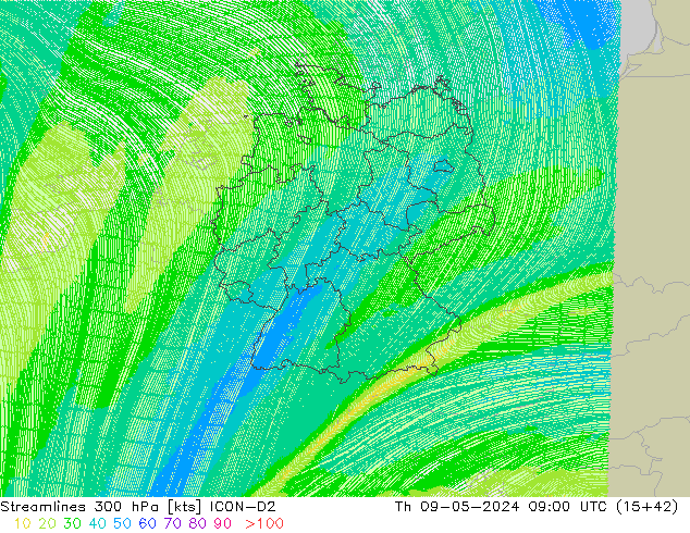 Ligne de courant 300 hPa ICON-D2 jeu 09.05.2024 09 UTC