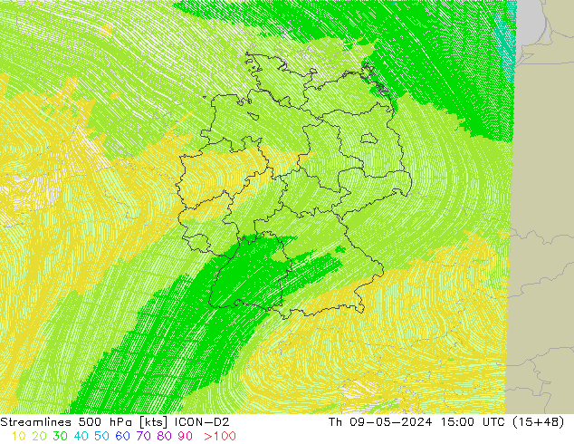 Ligne de courant 500 hPa ICON-D2 jeu 09.05.2024 15 UTC