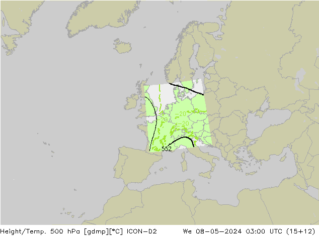 Géop./Temp. 500 hPa ICON-D2 mer 08.05.2024 03 UTC