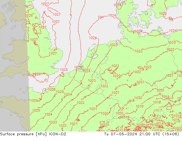 Luchtdruk (Grond) ICON-D2 di 07.05.2024 21 UTC