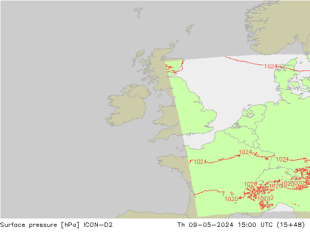 Atmosférický tlak ICON-D2 Čt 09.05.2024 15 UTC