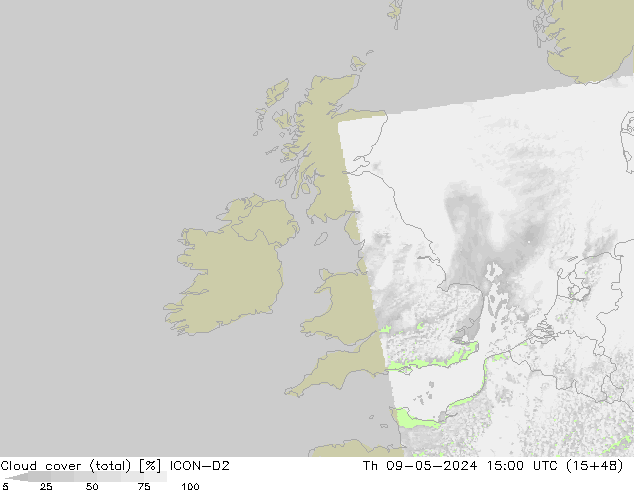 Cloud cover (total) ICON-D2 Th 09.05.2024 15 UTC