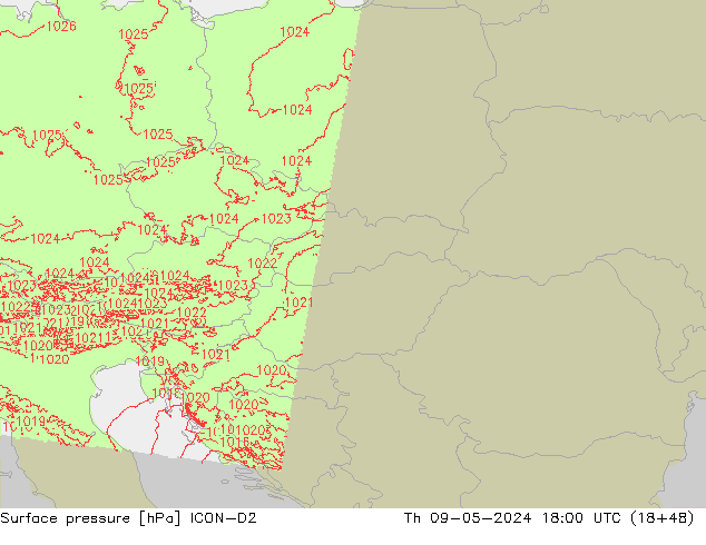 Pressione al suolo ICON-D2 gio 09.05.2024 18 UTC