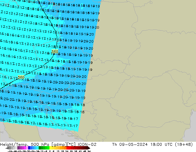 Geop./Temp. 500 hPa ICON-D2 jue 09.05.2024 18 UTC