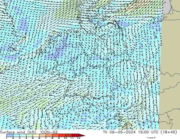 Surface wind (bft) ICON-D2 Th 09.05.2024 15 UTC