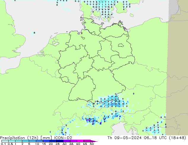 Precipitation (12h) ICON-D2 Čt 09.05.2024 18 UTC