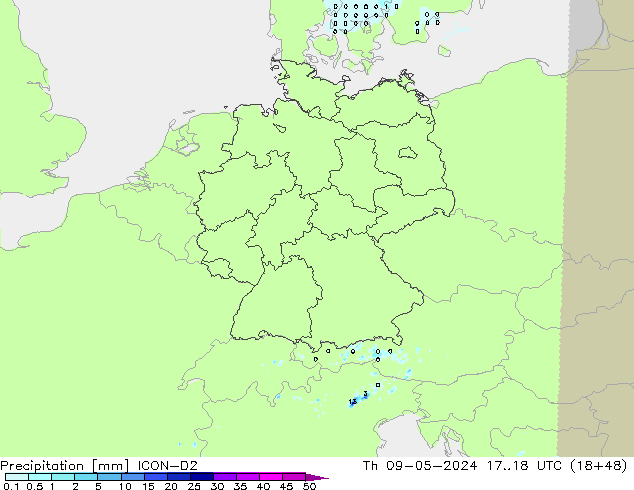 Precipitación ICON-D2 jue 09.05.2024 18 UTC