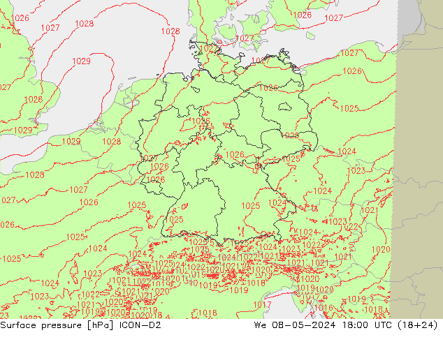 地面气压 ICON-D2 星期三 08.05.2024 18 UTC