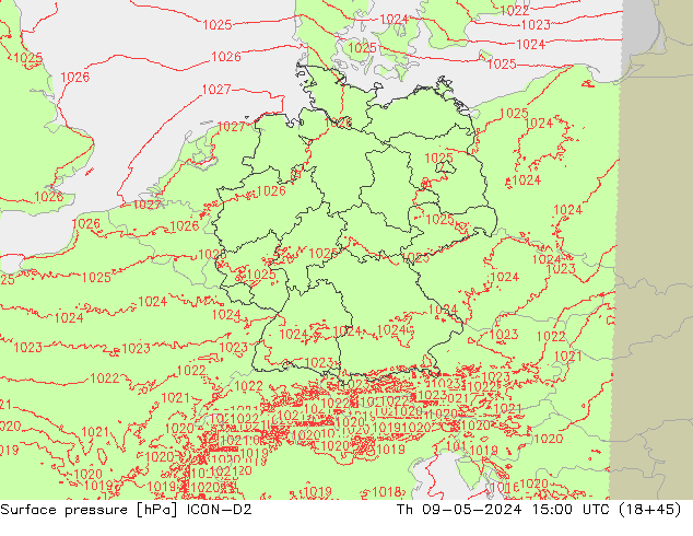 Surface pressure ICON-D2 Th 09.05.2024 15 UTC