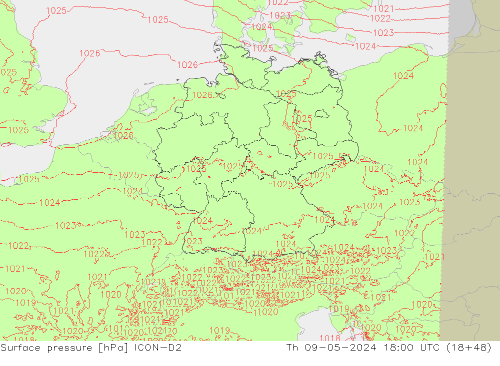 Presión superficial ICON-D2 jue 09.05.2024 18 UTC