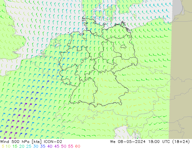 Vento 500 hPa ICON-D2 mer 08.05.2024 18 UTC