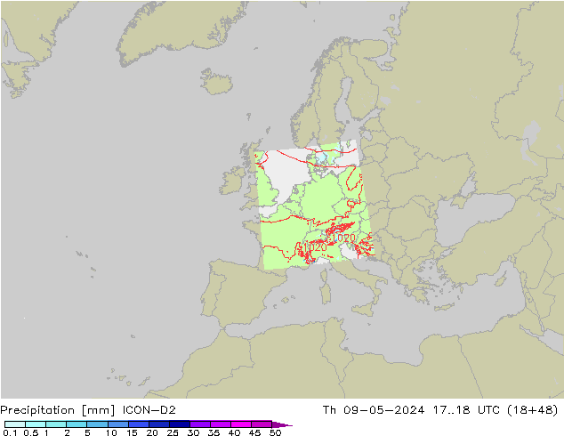 Precipitation ICON-D2 Th 09.05.2024 18 UTC