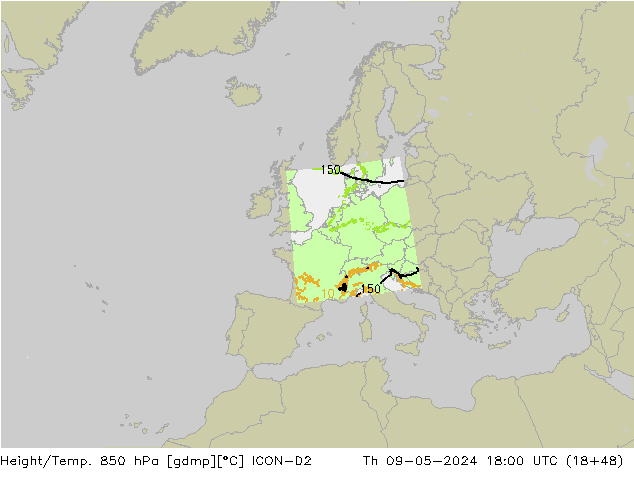 Geop./Temp. 850 hPa ICON-D2 jue 09.05.2024 18 UTC