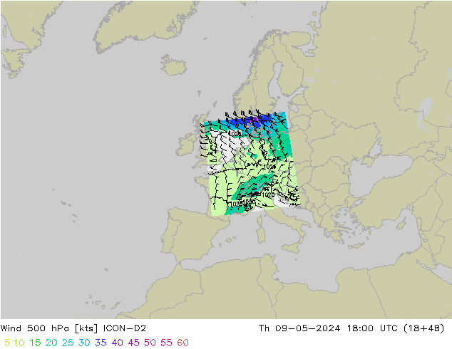 ветер 500 гПа ICON-D2 чт 09.05.2024 18 UTC
