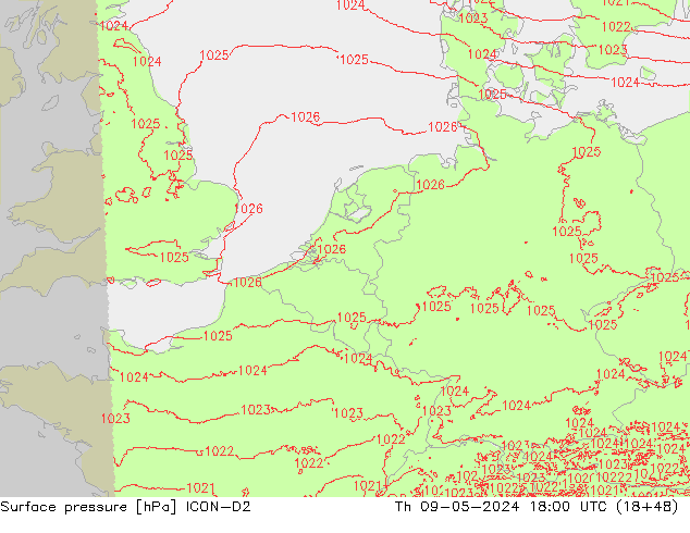 Surface pressure ICON-D2 Th 09.05.2024 18 UTC