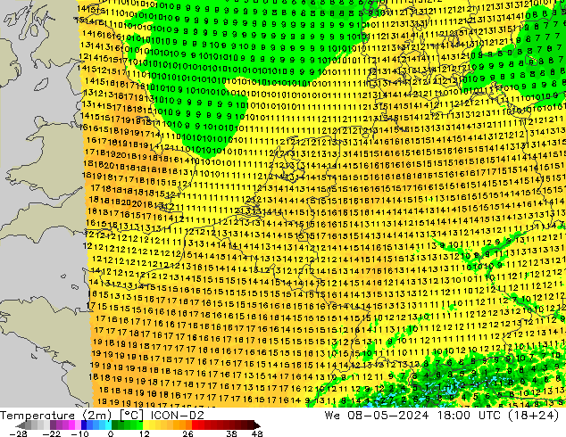 Temperaturkarte (2m) ICON-D2 Mi 08.05.2024 18 UTC