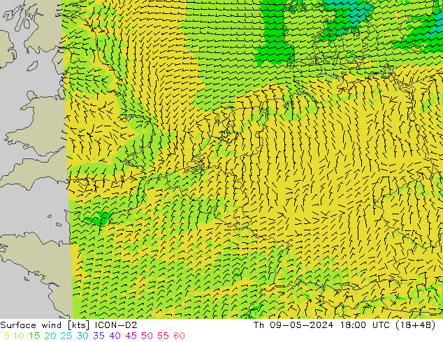Bodenwind ICON-D2 Do 09.05.2024 18 UTC
