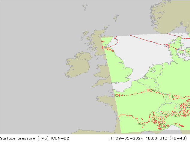Atmosférický tlak ICON-D2 Čt 09.05.2024 18 UTC