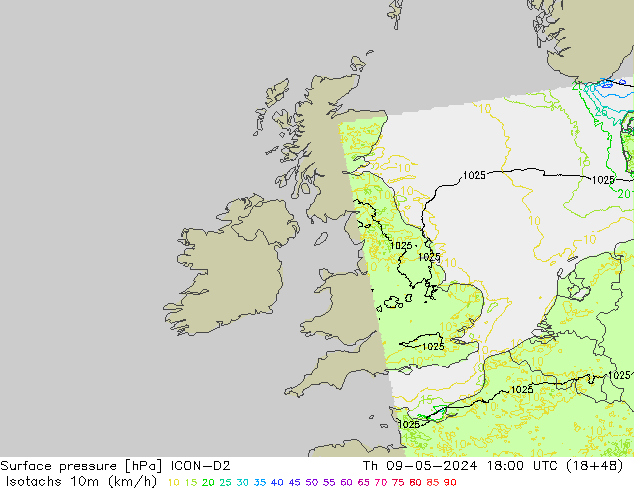 Isotachs (kph) ICON-D2 чт 09.05.2024 18 UTC