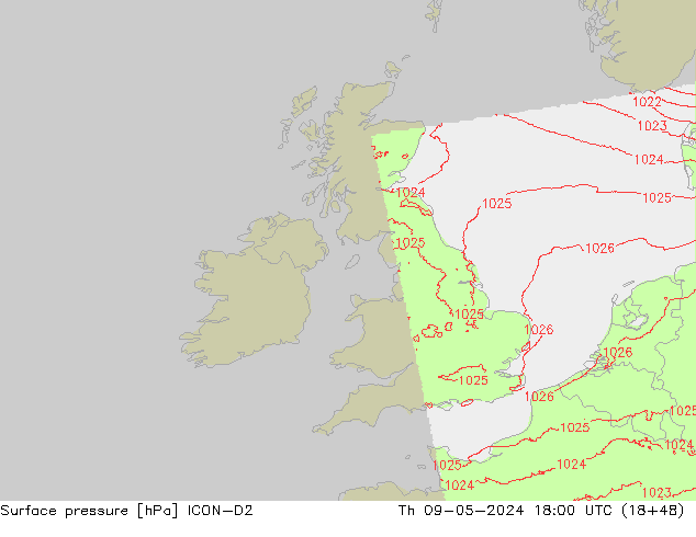 Surface pressure ICON-D2 Th 09.05.2024 18 UTC