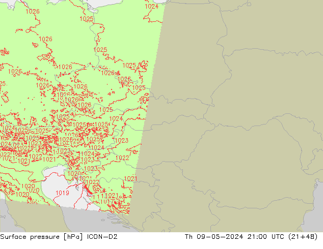 Atmosférický tlak ICON-D2 Čt 09.05.2024 21 UTC