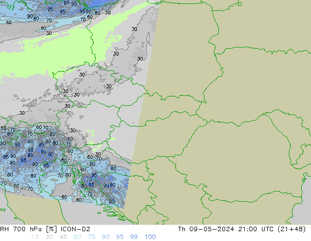 Humidité rel. 700 hPa ICON-D2 jeu 09.05.2024 21 UTC