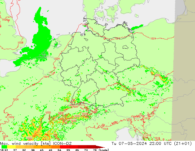 Max. wind velocity ICON-D2 Tu 07.05.2024 22 UTC