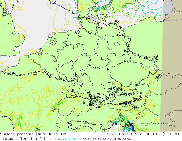 Isotachs (kph) ICON-D2 чт 09.05.2024 21 UTC