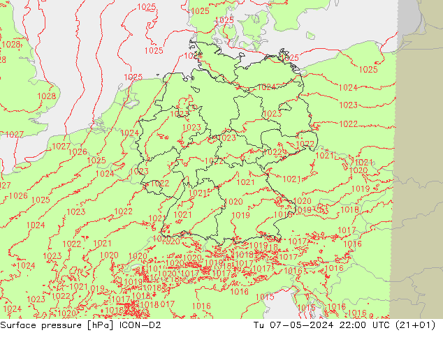 Presión superficial ICON-D2 mar 07.05.2024 22 UTC