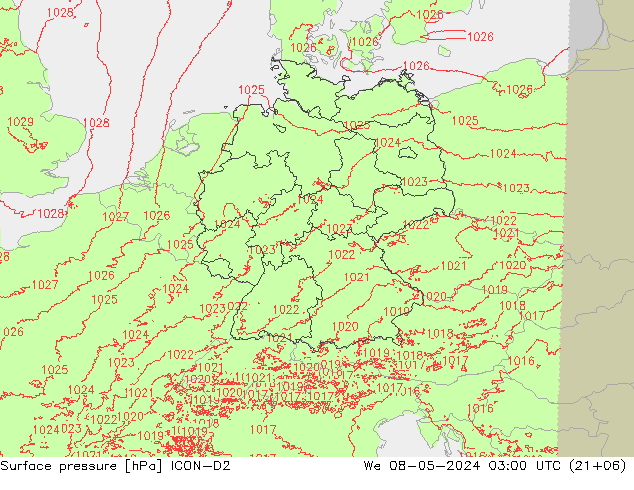 Atmosférický tlak ICON-D2 St 08.05.2024 03 UTC