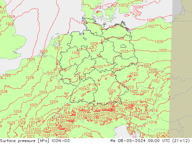 Surface pressure ICON-D2 We 08.05.2024 09 UTC