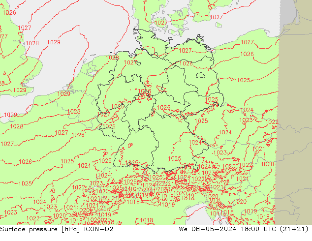 Surface pressure ICON-D2 We 08.05.2024 18 UTC