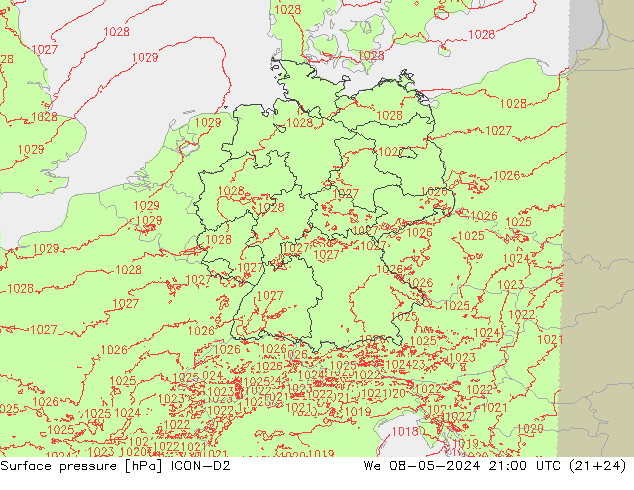 Atmosférický tlak ICON-D2 St 08.05.2024 21 UTC